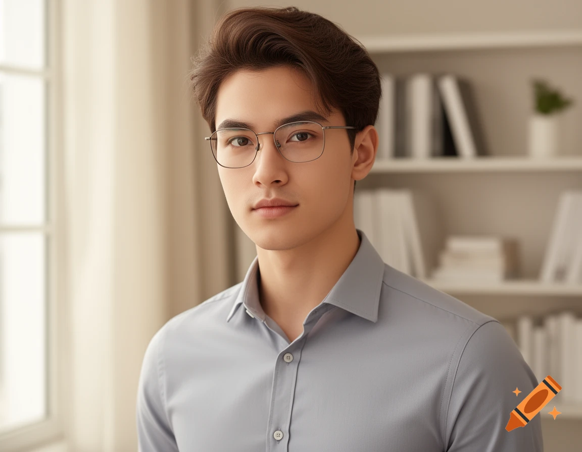 A close-up photorealistic portrait of a young East Asian man with neatly styled dark hair, wearing glasses and a grey collared shirt, looking directly forward.