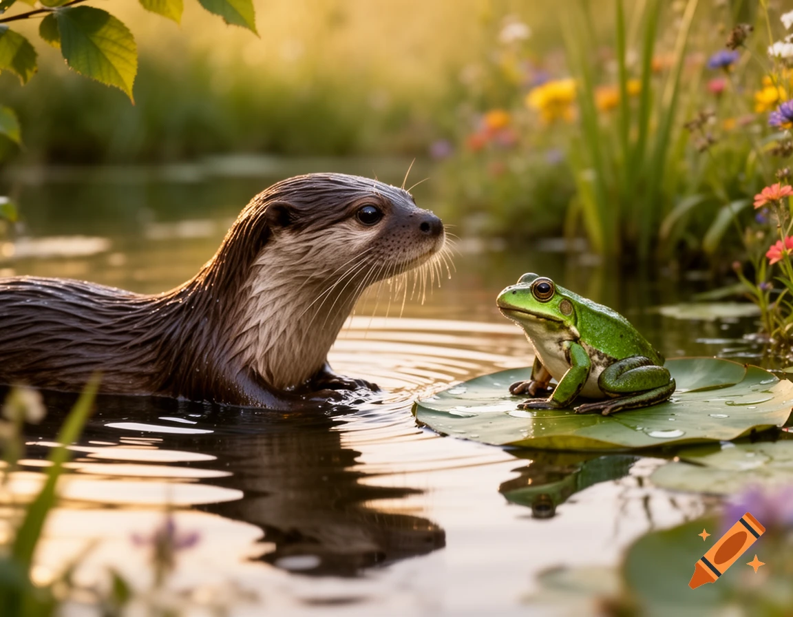 An otter in a pond looks at a green frog on a lily pad, surrounded by lush plants and soft sunlight.