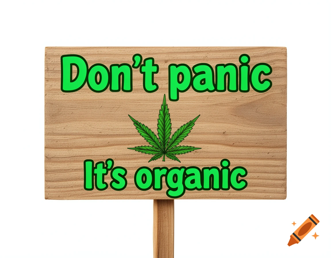 A light wooden sign on a stick with the green text "Don't panic" and "It's organic" flanking a cannabis leaf, against a white background.