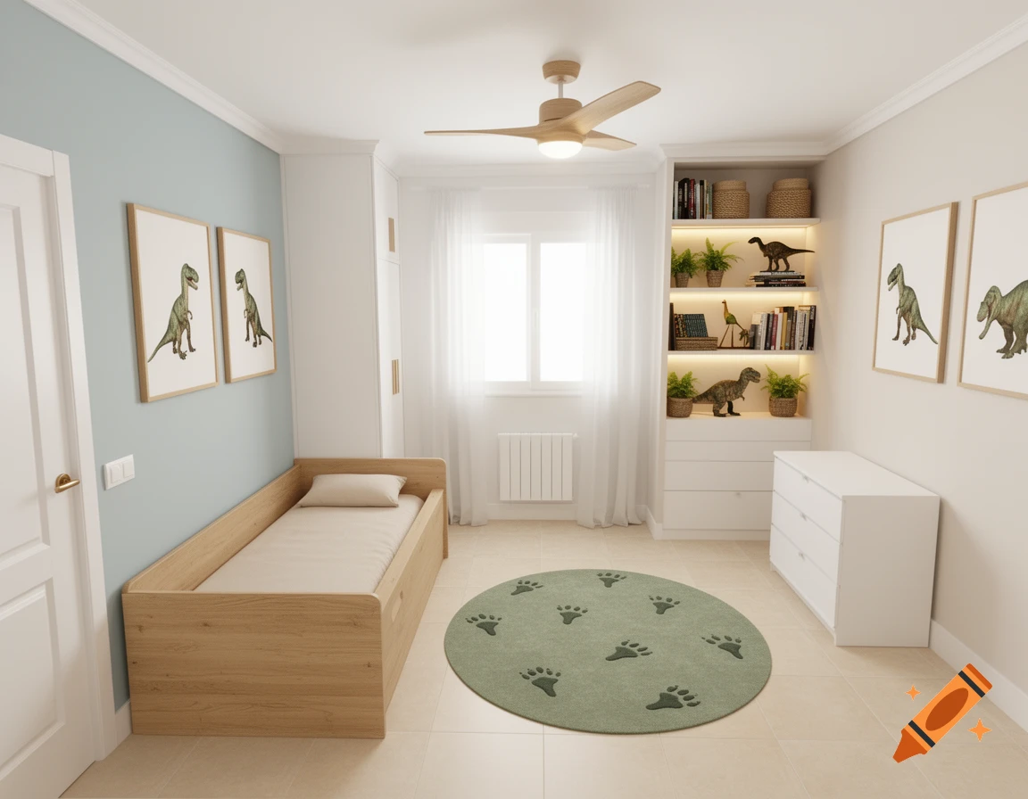 A light blue and white children's bedroom with a wooden bed, a sage-green dinosaur footprint rug, and dinosaur art and figures.