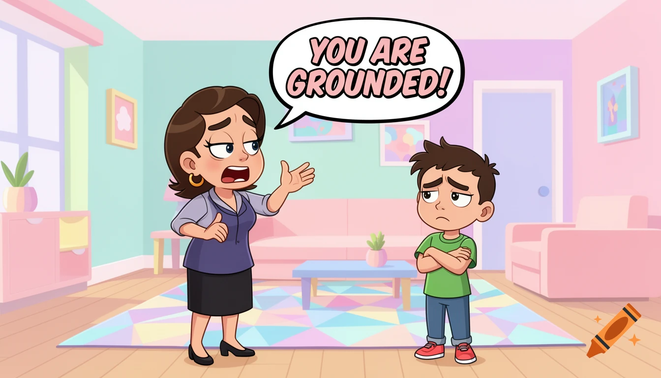 A cartoon mother with a speech bubble saying 'YOU ARE GROUNDED!' scolding her sad son in a living room.