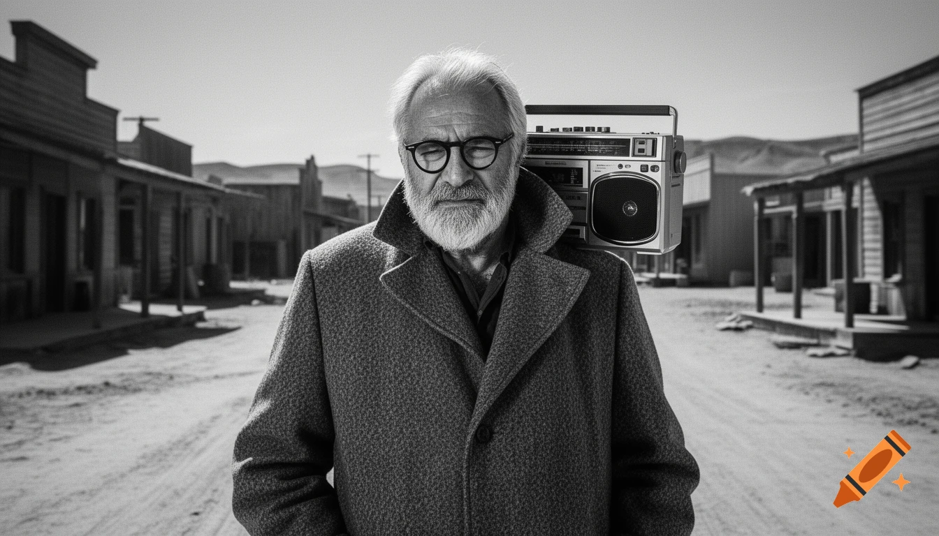 Black and white photorealistic portrait of an older man with a beard and glasses carrying a boombox on his shoulder in a dusty western town.