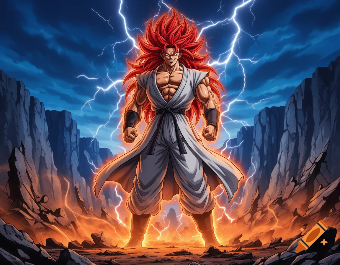 Anime character with muscular physique and spiky red hair, wearing a white gi, stands empowered by lightning and glowing energy on a cracked, rocky landscape.
