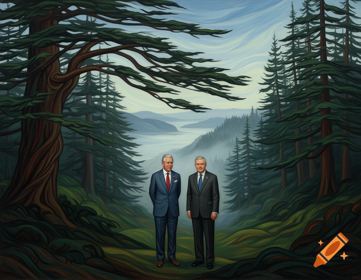 Painting of King Charles III and Stephen Harper standing in a lush, stylized forest with a misty valley, in the style of Emily Carr.
