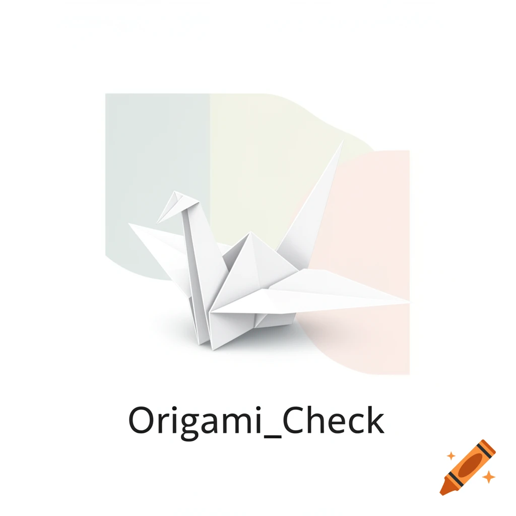 A white paper origami crane above the text "Origami_Check" with pastel abstract shapes in the background.