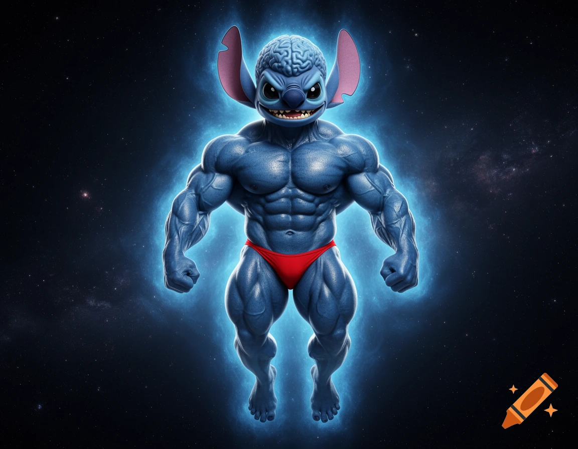 Hyper-muscular blue Stitch with a large brain-like head, wearing a red posing thong, floating in glowing space.