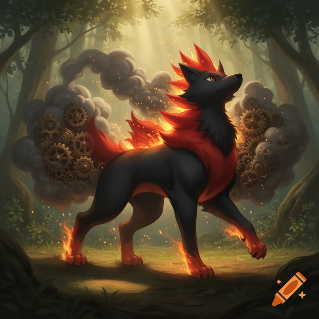 A black wolf-like creature with a fiery red mane and paws, and steampunk gears in smoke on its back, in a sunlit forest.