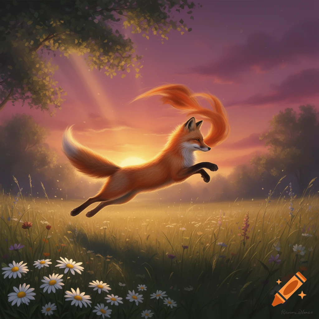 An illustrated fox with a flowing, ethereal tail jumps through a vibrant green meadow at sunset.
