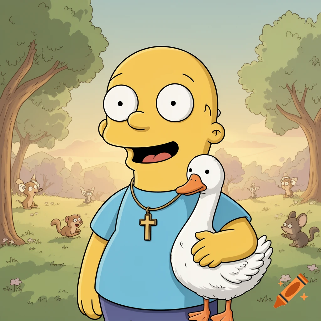A bald, yellow-skinned cartoon man in a blue shirt with a cross necklace holds a white goose in a grassy park with small rodents and trees.
