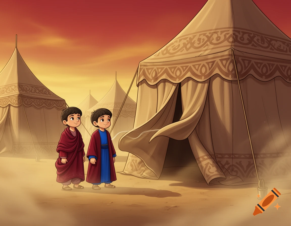Two cartoon boys in traditional robes stand in a desert camp with patterned tents under an orange sky.