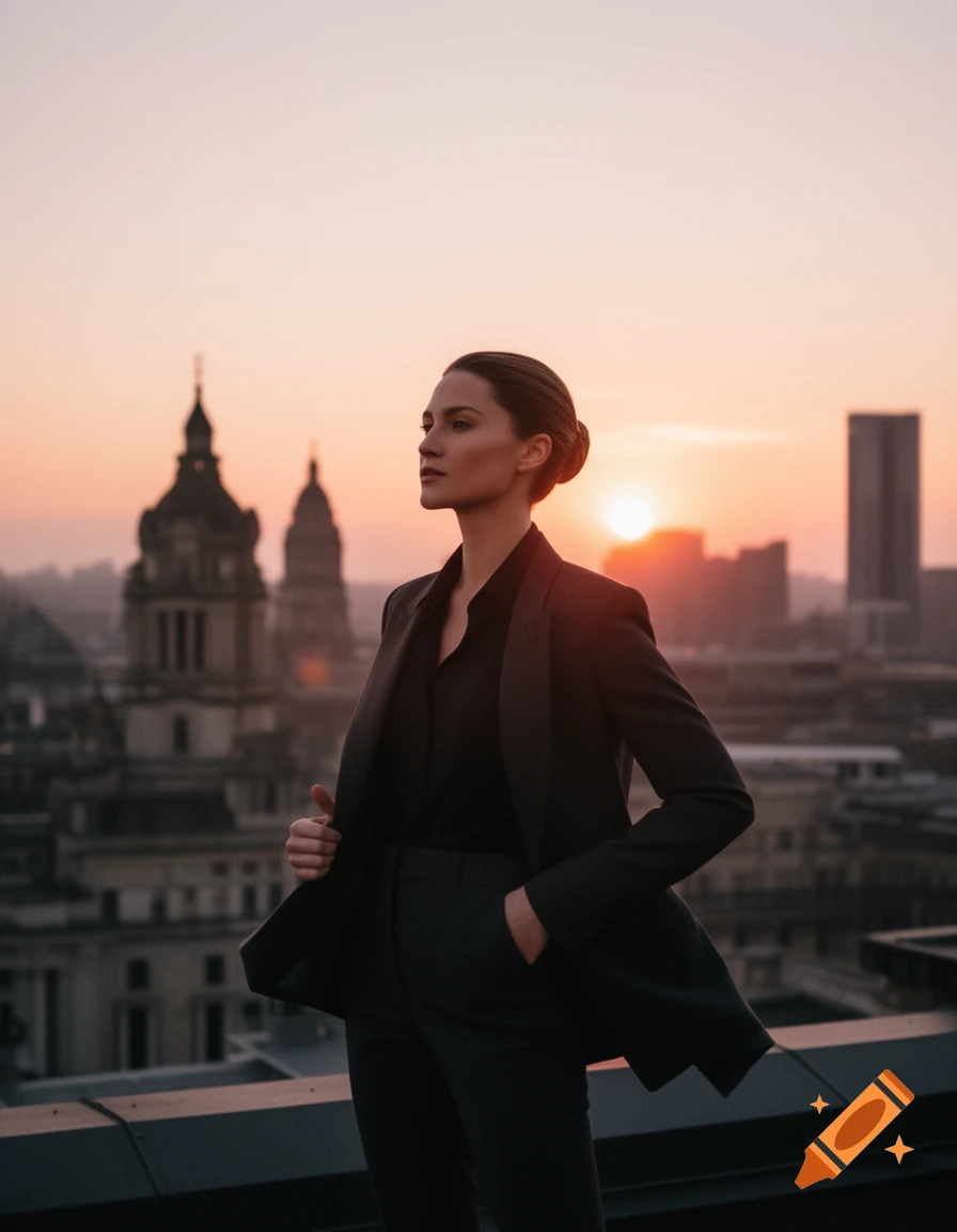 Photorealistic image of a woman in a black suit standing on a rooftop, overlooking a city skyline at sunset.