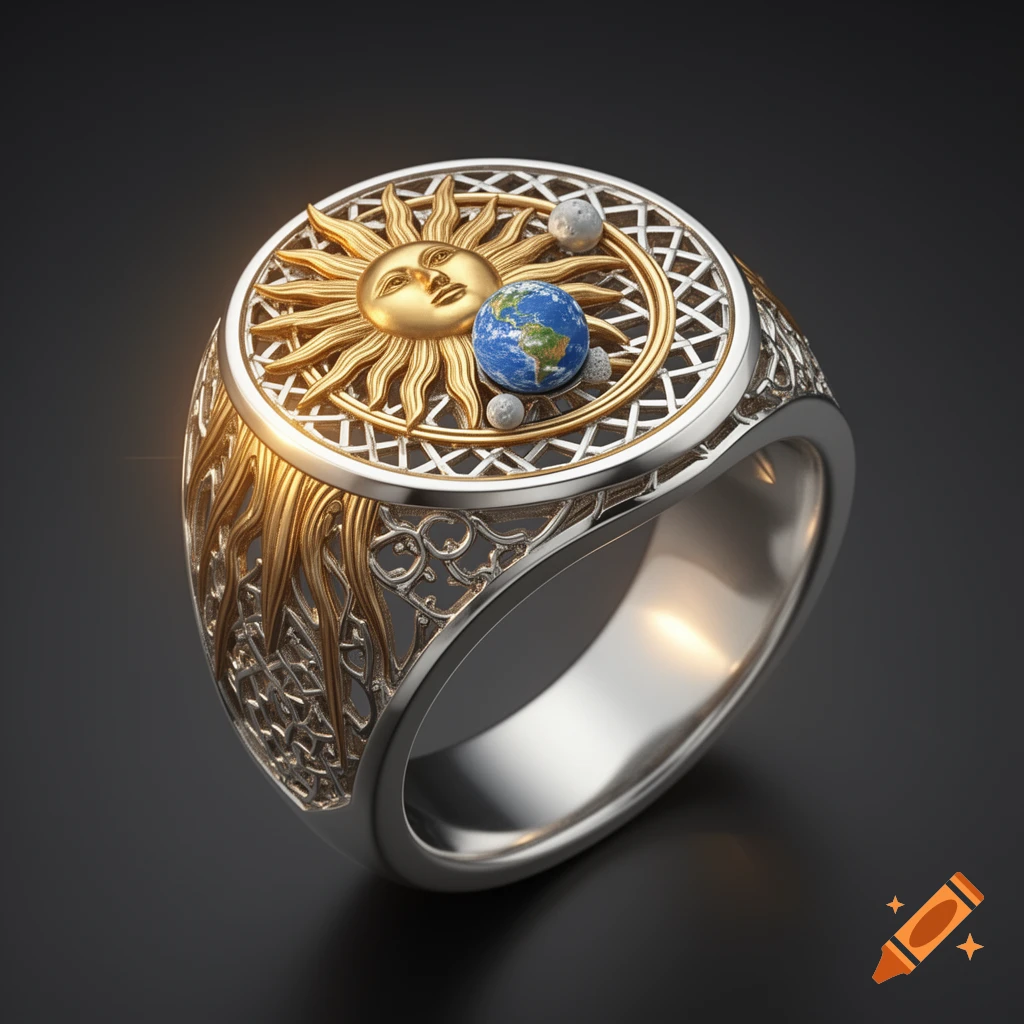 A silver and gold ring featuring a sun, a blue Earth, and small moons, on a dark background.