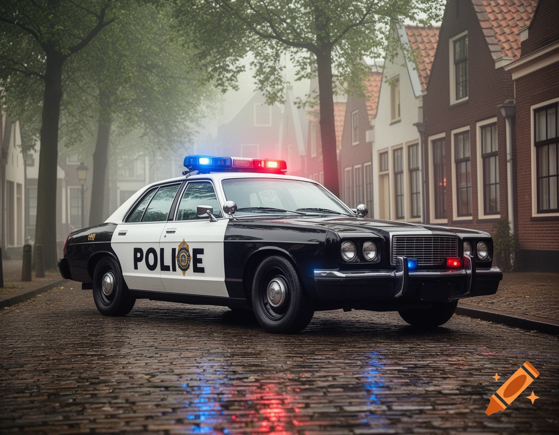 A black and white American police car with flashing red and blue lights parked on a wet cobblestone street in a historic European town.