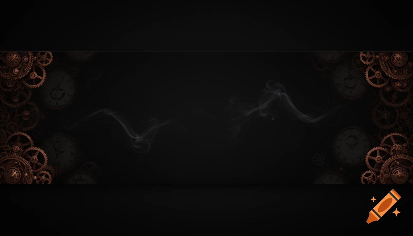 Ultra-wide dark steampunk banner with bronze gears, faint clock faces, and wisps of smoke on a black background.