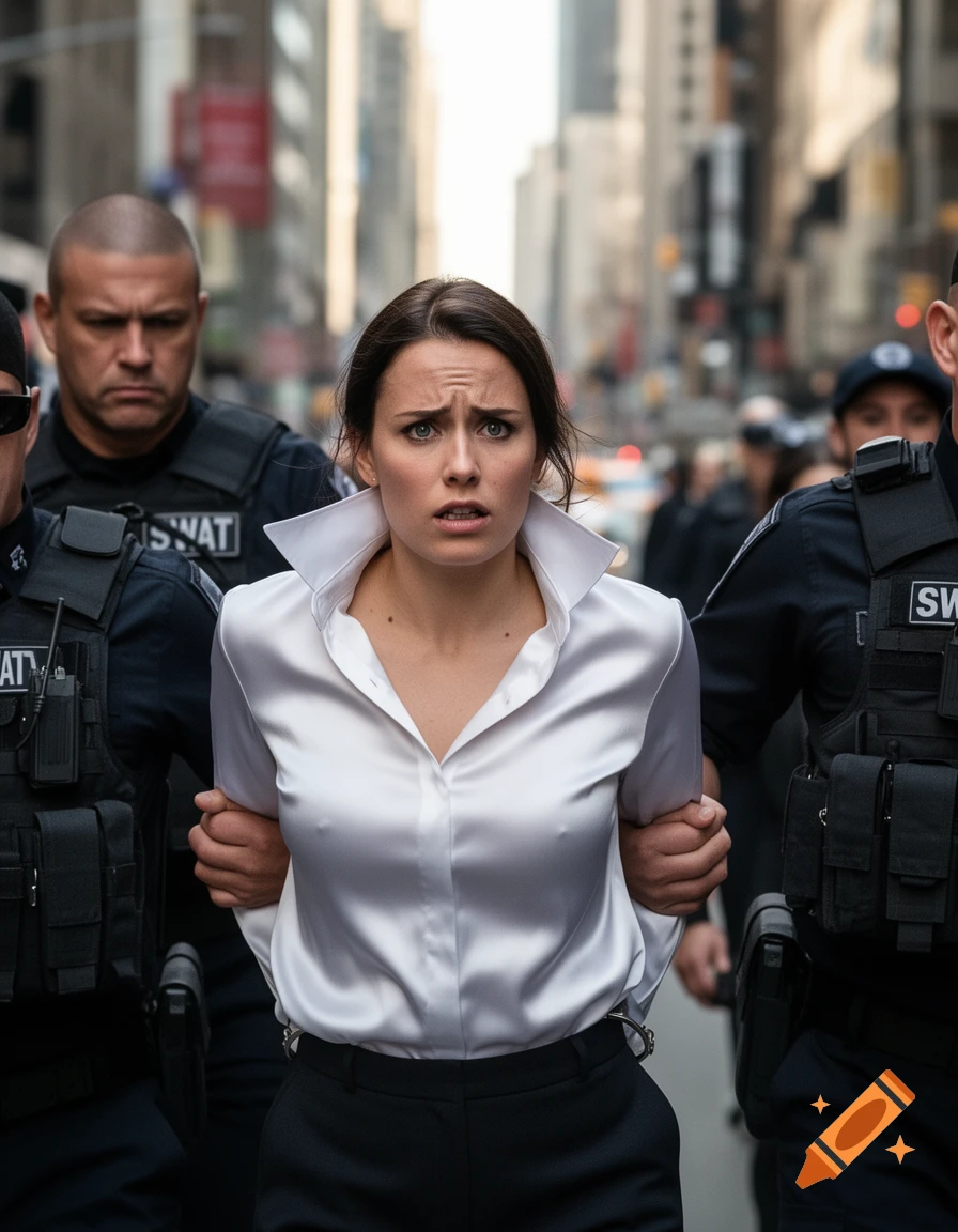 A businesswoman with a shocked expression is arrested by two SWAT officers on a city street, her arms held behind her.