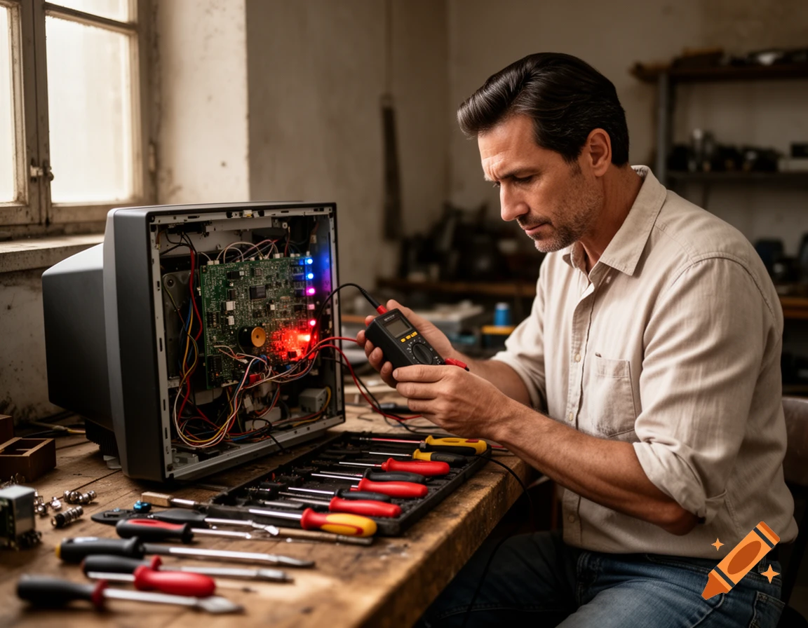 A man meticulously repairs an opened old television set with a multimeter and tools on a wooden workbench.