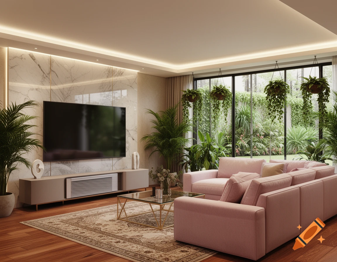 Photorealistic image of a fancy living room with a huge TV, pink sofas, an air conditioner, and many plants.