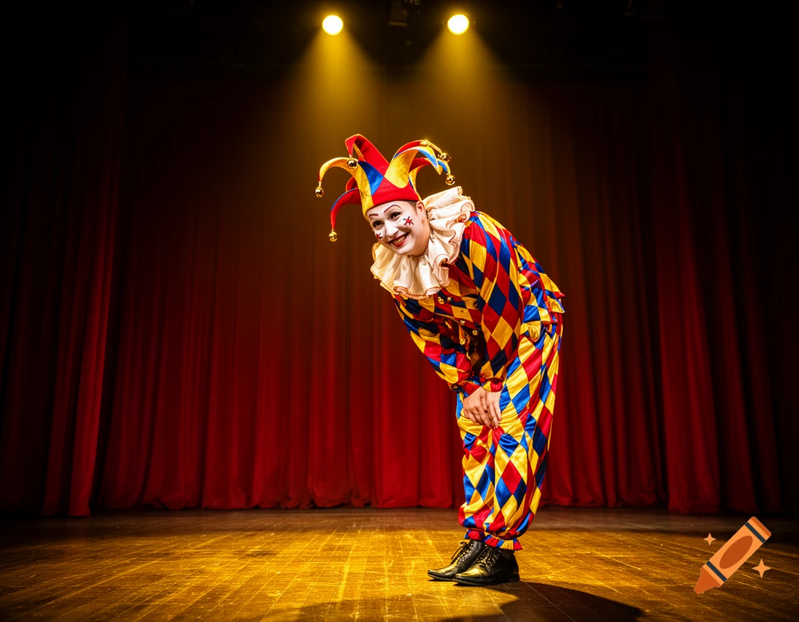 A jester in a colorful harlequin costume and jester hat bows deeply on a spotlight-lit wooden stage in front of red curtains.
