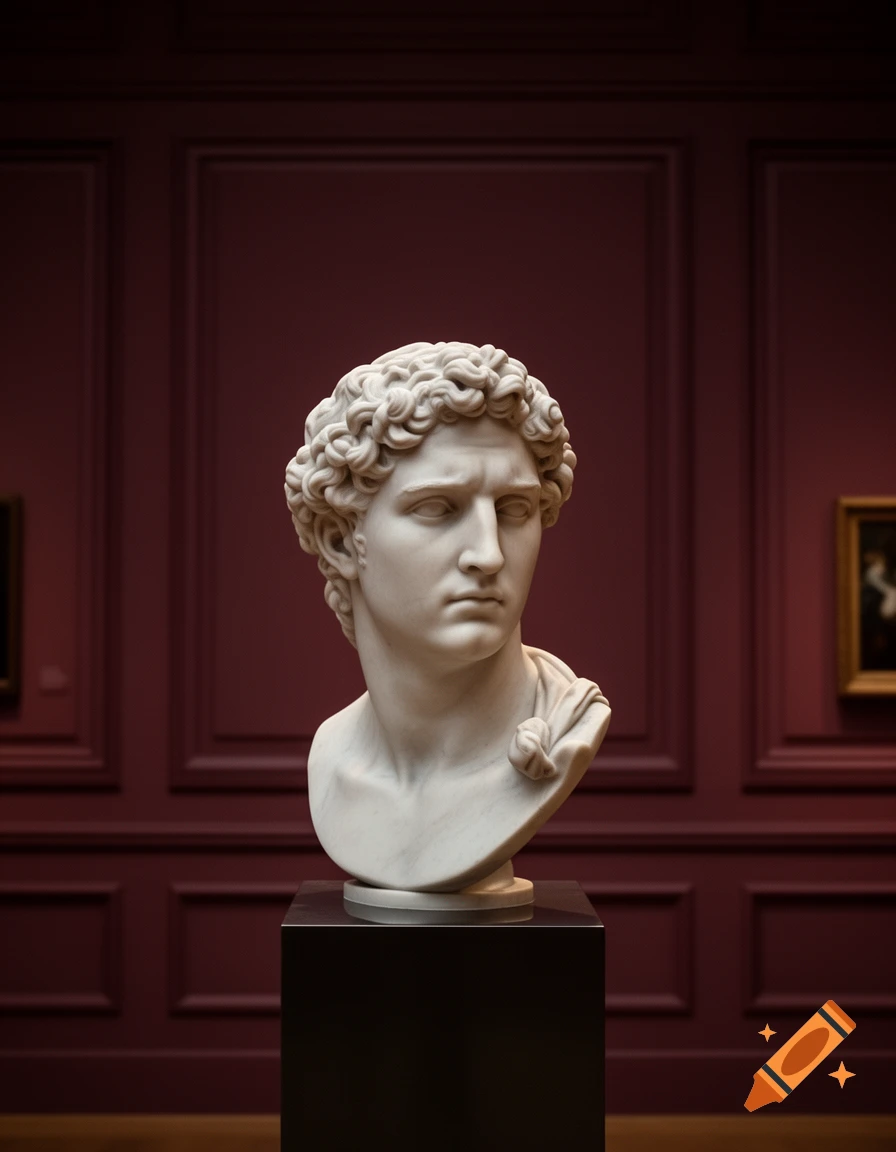 A white marble classical bust of a man with curly hair on a black pedestal, against a dark red paneled museum wall.