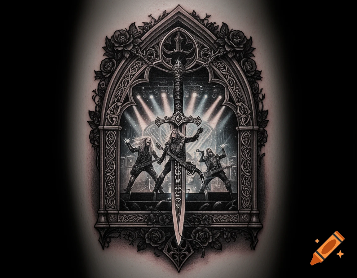 A detailed tattoo art of a heavy metal band performing inside a gothic arch, with a fantasy dagger in the foreground.