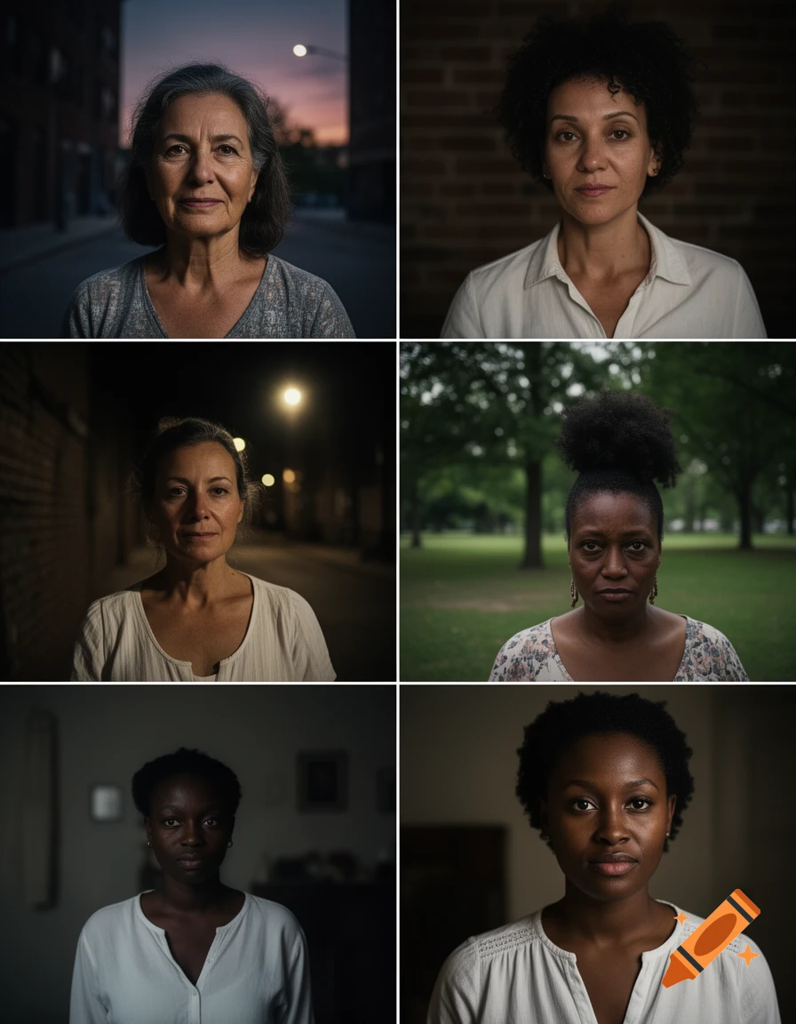Six photorealistic portraits of diverse women, each with a contemplative or melancholic expression, set in various dimly lit environments.