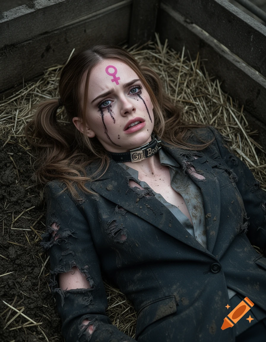A distressed woman resembling Emma Watson, with pigtails and running mascara, wears a 'Girl Boss' dog collar and a pink feminist symbol on her forehead while lying in a dirty pig sty.