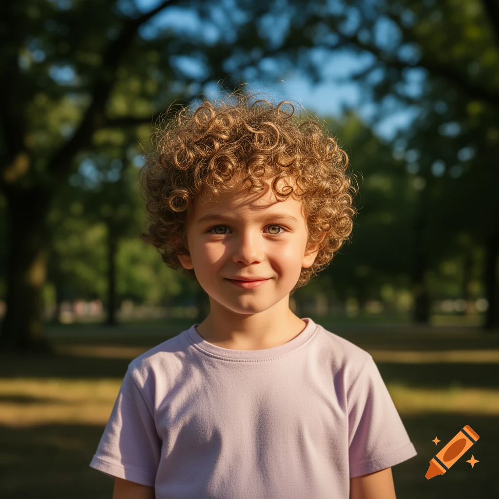 Photorealistic portrait of a smiling child with curly hair and green eyes, wearing a light purple shirt, in a park.