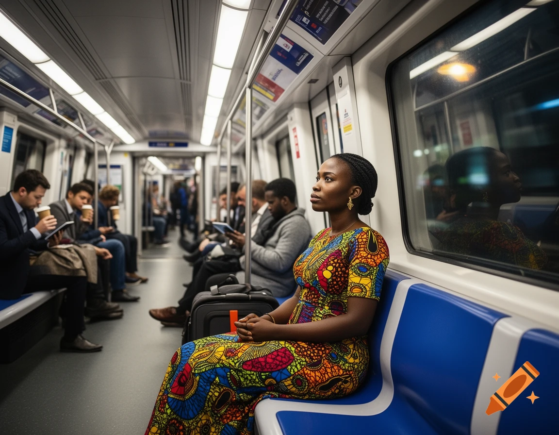A woman in a vibrant, colorful African print dress sits on a blue seat inside a modern train, looking out the window. Other passengers are blurred in the background.