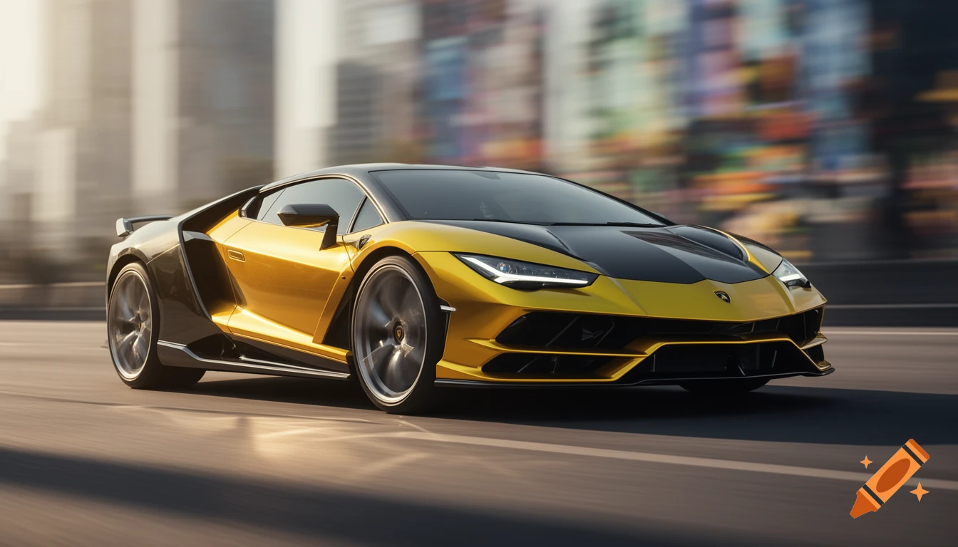 A sleek gold and black Lamborghini supercar speeds down a city street with motion blur.