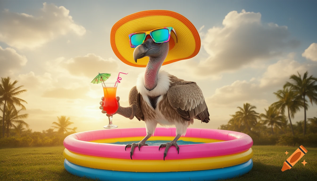 A photorealistic vulture wearing a yellow sun hat and colorful sunglasses holds a cocktail in a kiddie pool at sunset.