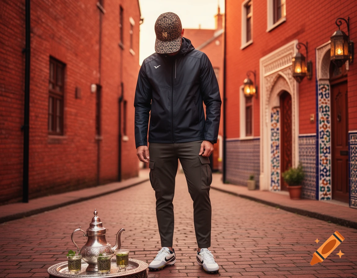 A man in a dark jacket, cargo pants, and a patterned cap stands in a street, next to a silver Moroccan tea set, amidst red brick and Moroccan-tiled buildings, in warm golden hour light.
