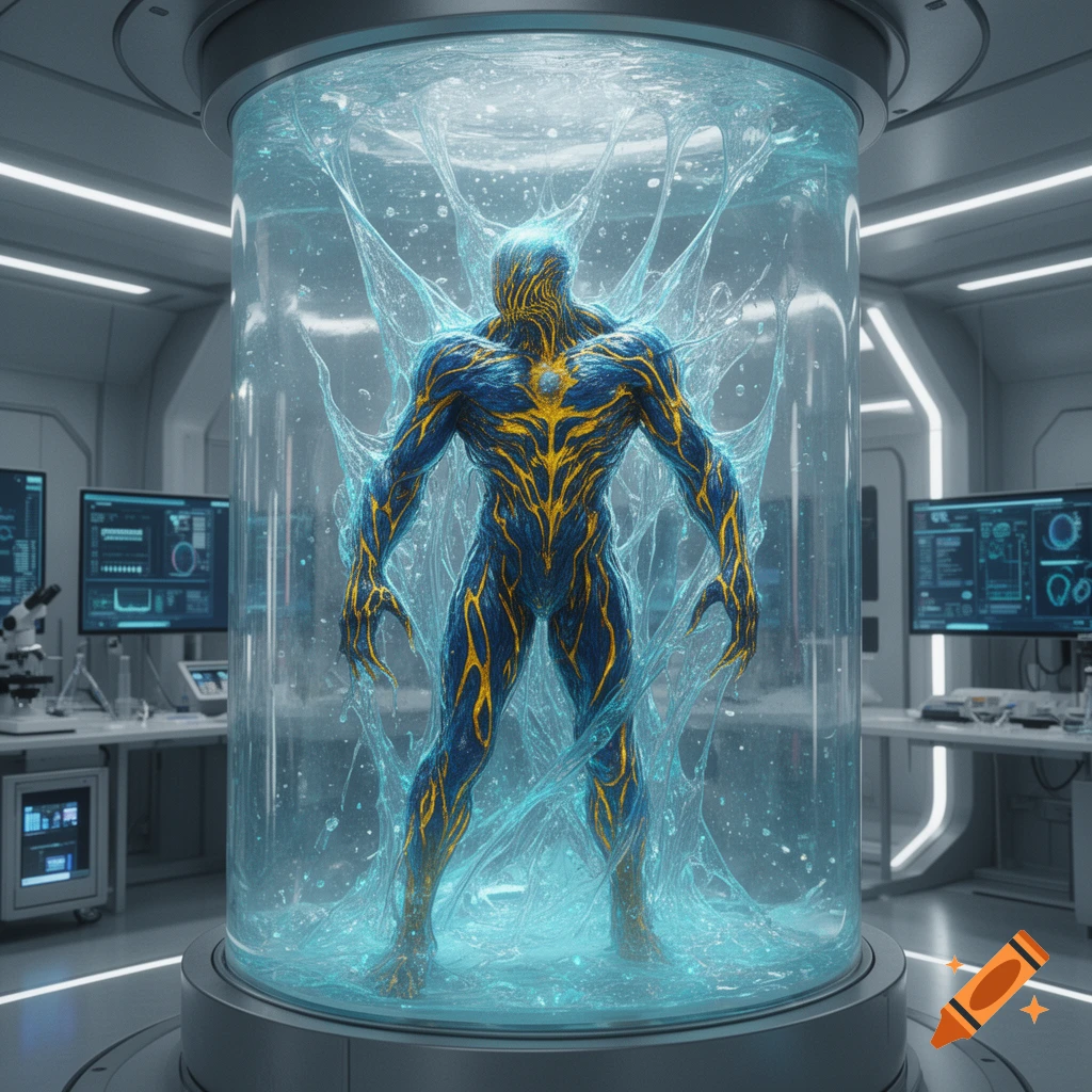 A blue and yellow symbiote-like figure stands in a glass chamber filled with glowing liquid in a futuristic laboratory.