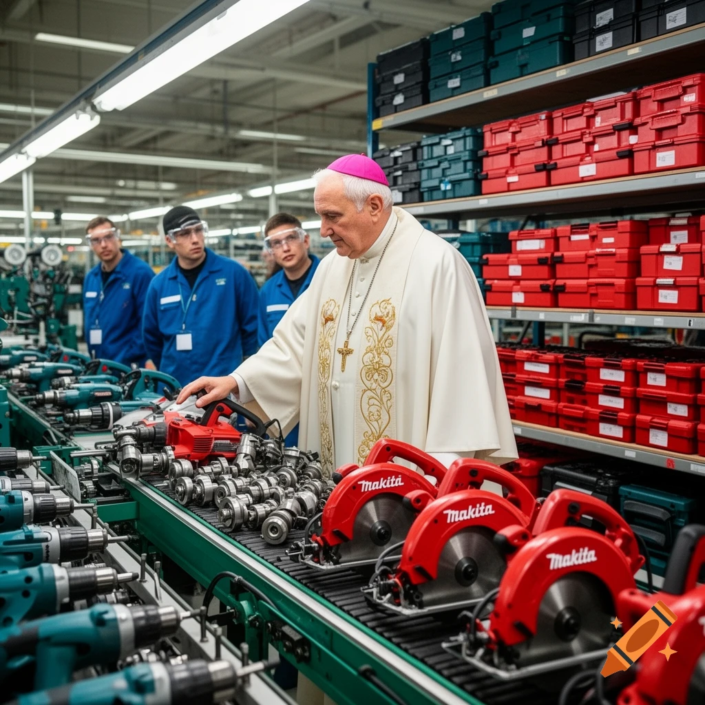 A bishop in white robes and a magenta zucchetto inspects red power tools on a conveyor belt in a factory.