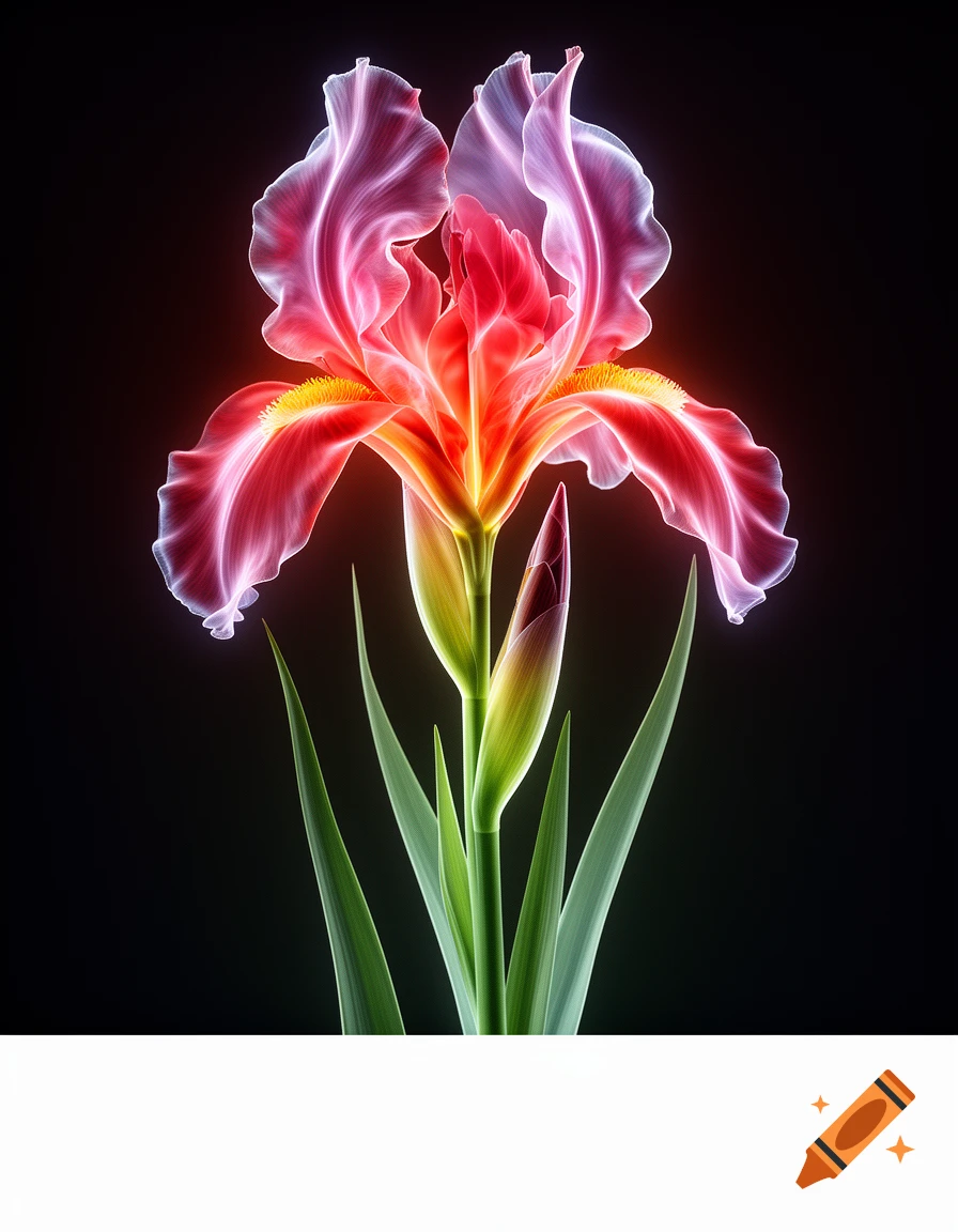 A glowing, translucent red and pink iris flower with green leaves, rendered in an x-ray style against a dark background.