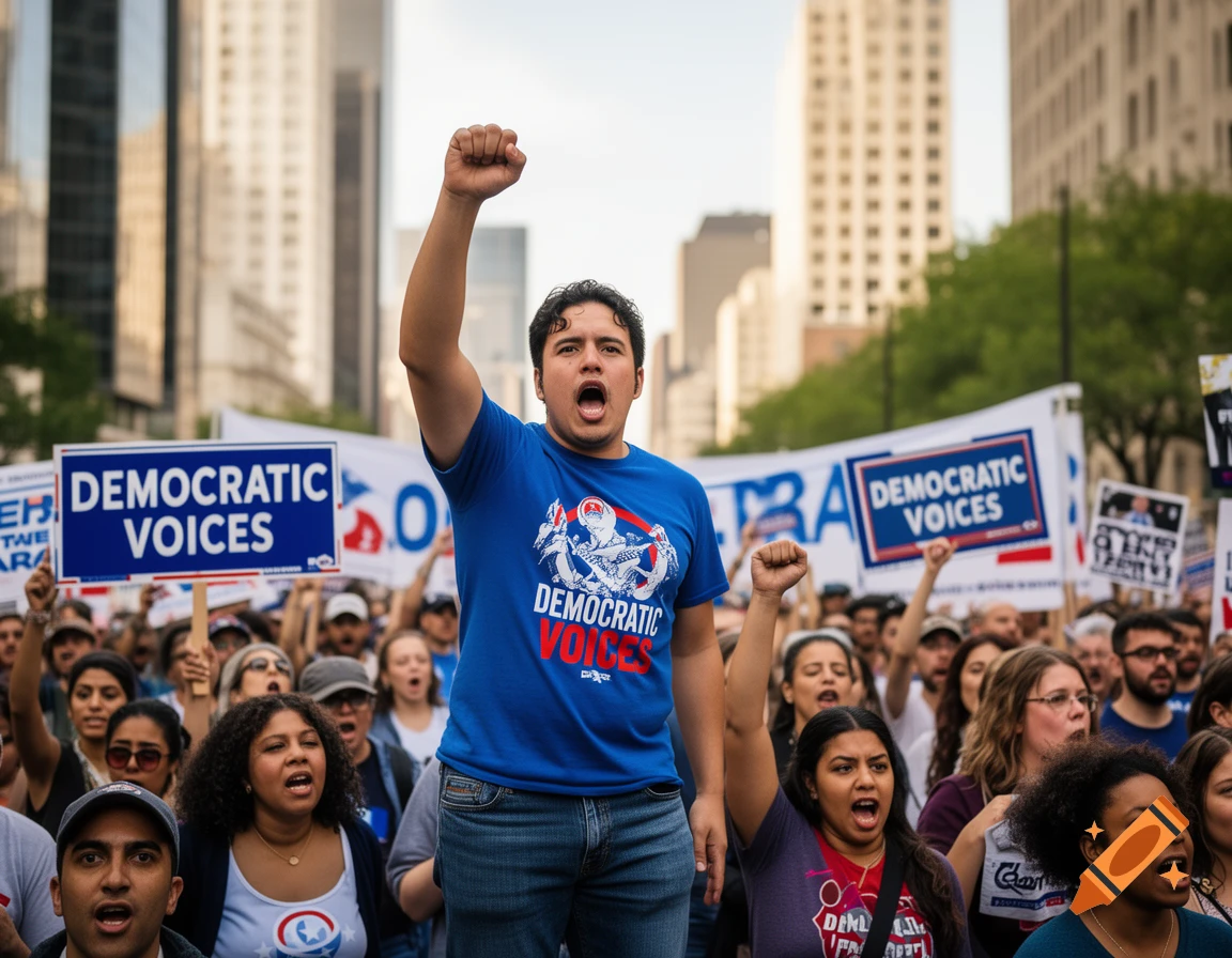 A diverse crowd of people gathered for a political protest in a city, with some holding signs that read "DEMOCRATIC VOICES".