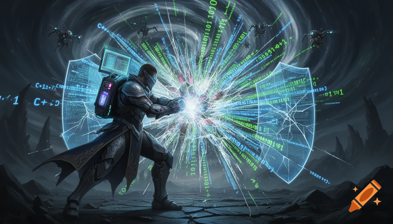 A cyberpunk fantasy wizard in power armor smashes binary and C++ code, creating a digital implosion with cracking shields and drones in a dark, detailed style.