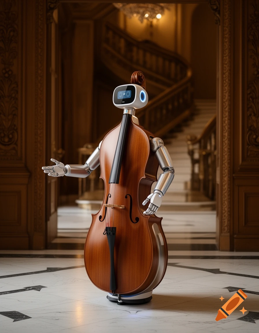 A photorealistic robot with a cello-shaped body and mechanical arms stands in a grand, wood-paneled hall with a spiral staircase.