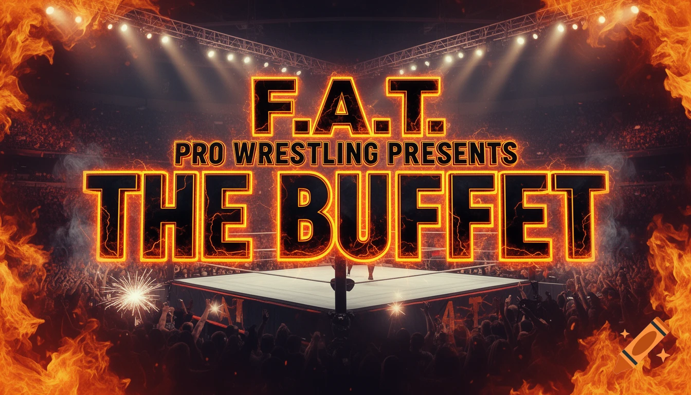 Pro wrestling event banner with 'F.A.T. Pro Wrestling Presents THE BUFFET' in orange and black, surrounded by fire and a stadium crowd.