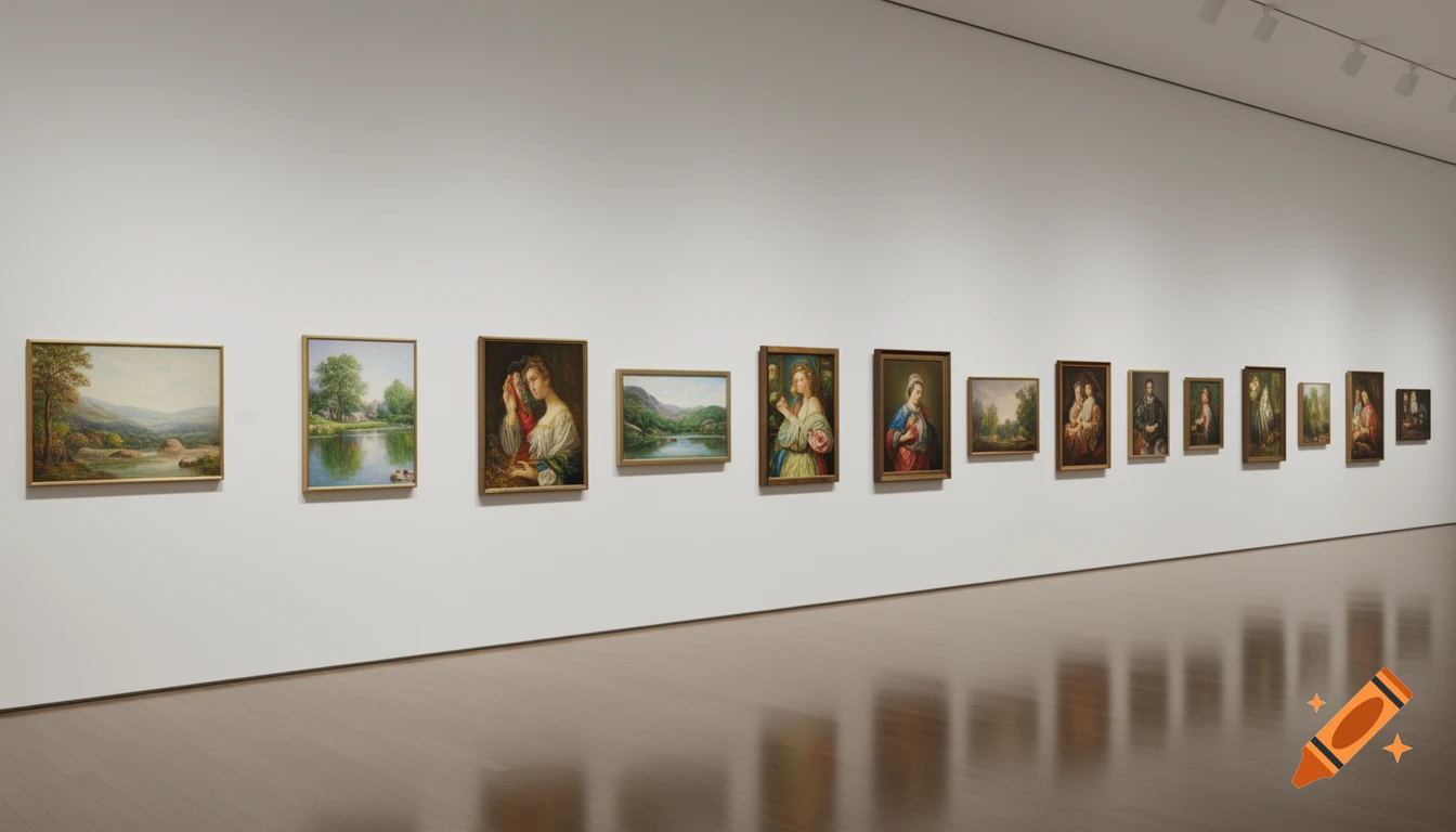 A modern art gallery with a long white wall displays a series of diverse framed paintings, including landscapes and portraits.