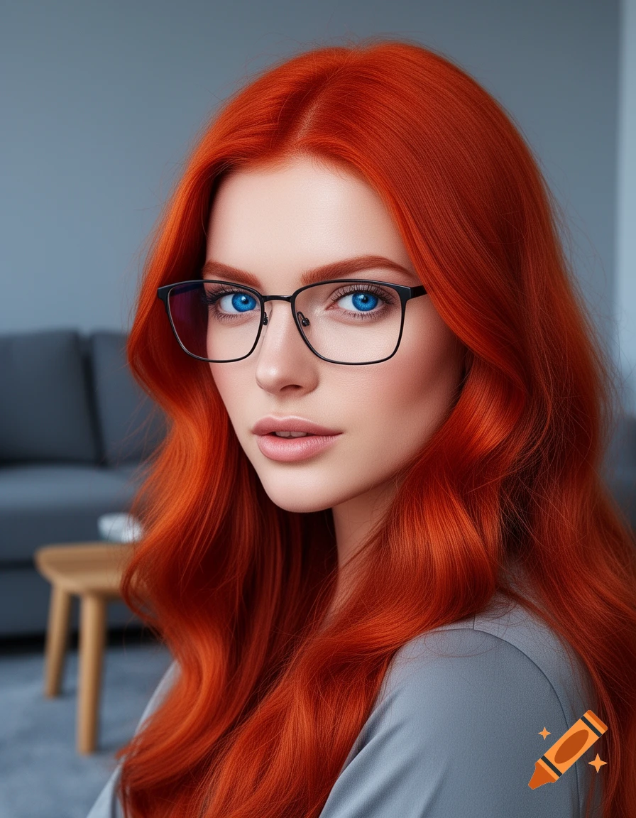 Photorealistic portrait of a woman with vibrant red hair, piercing blue eyes, and black-framed glasses.
