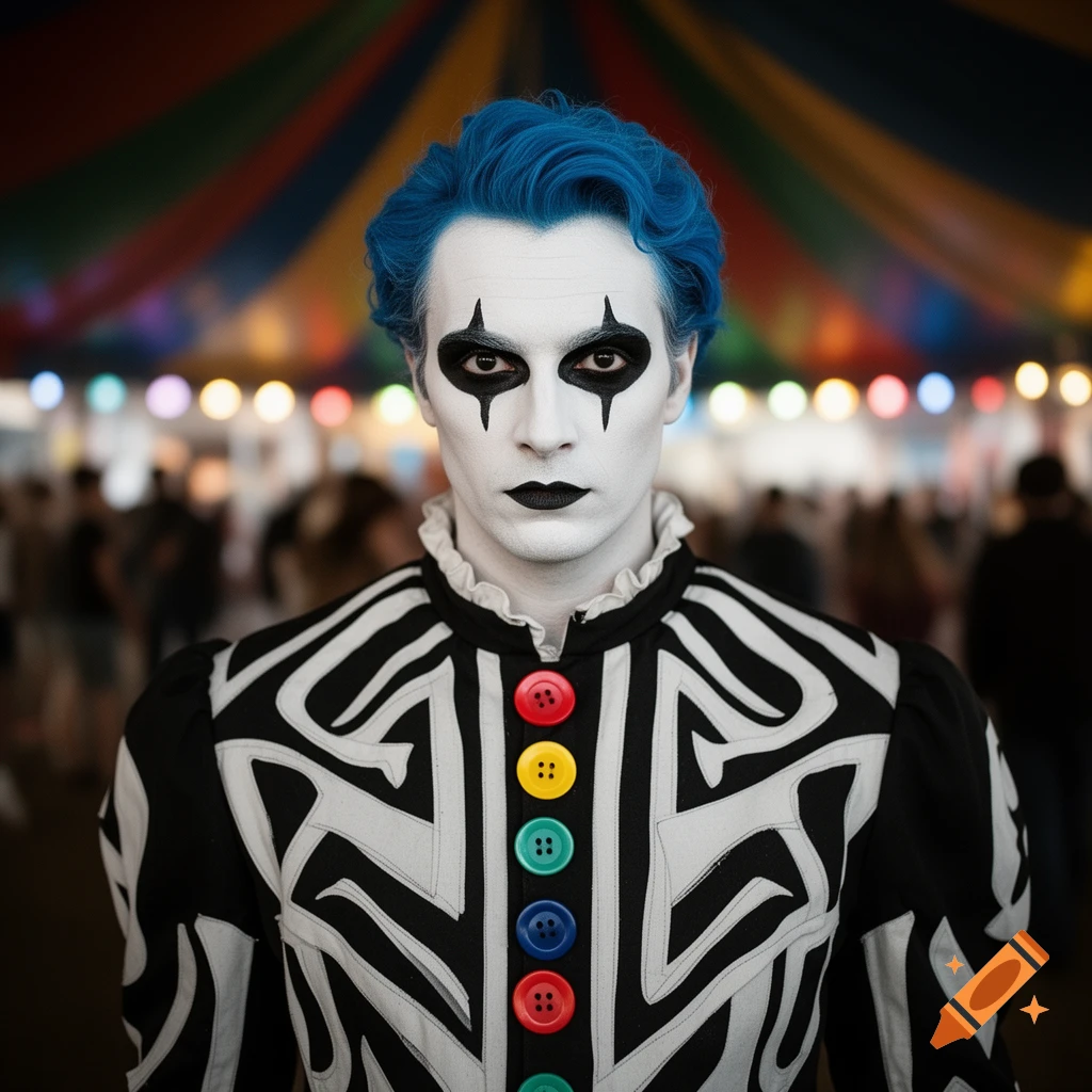 A person with blue hair and elaborate white and black clown makeup wears a black and white striped outfit with colorful buttons, against a blurred circus tent background.