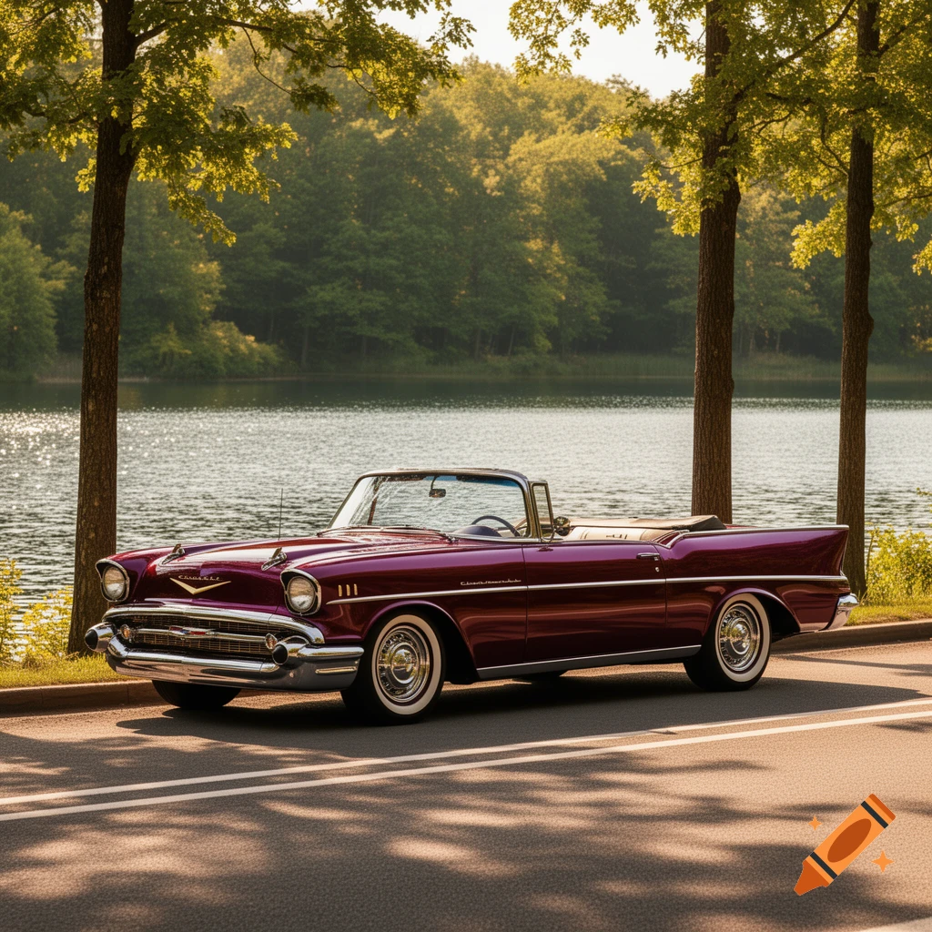 A shiny dark red vintage convertible car parked on a road beside a lake surrounded by green trees, under dappled sunlight.