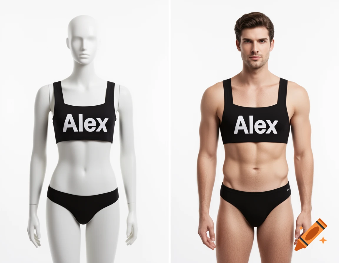 Studio photo of a female mannequin and a male model wearing matching black 'Alex' bra tops and underwear.