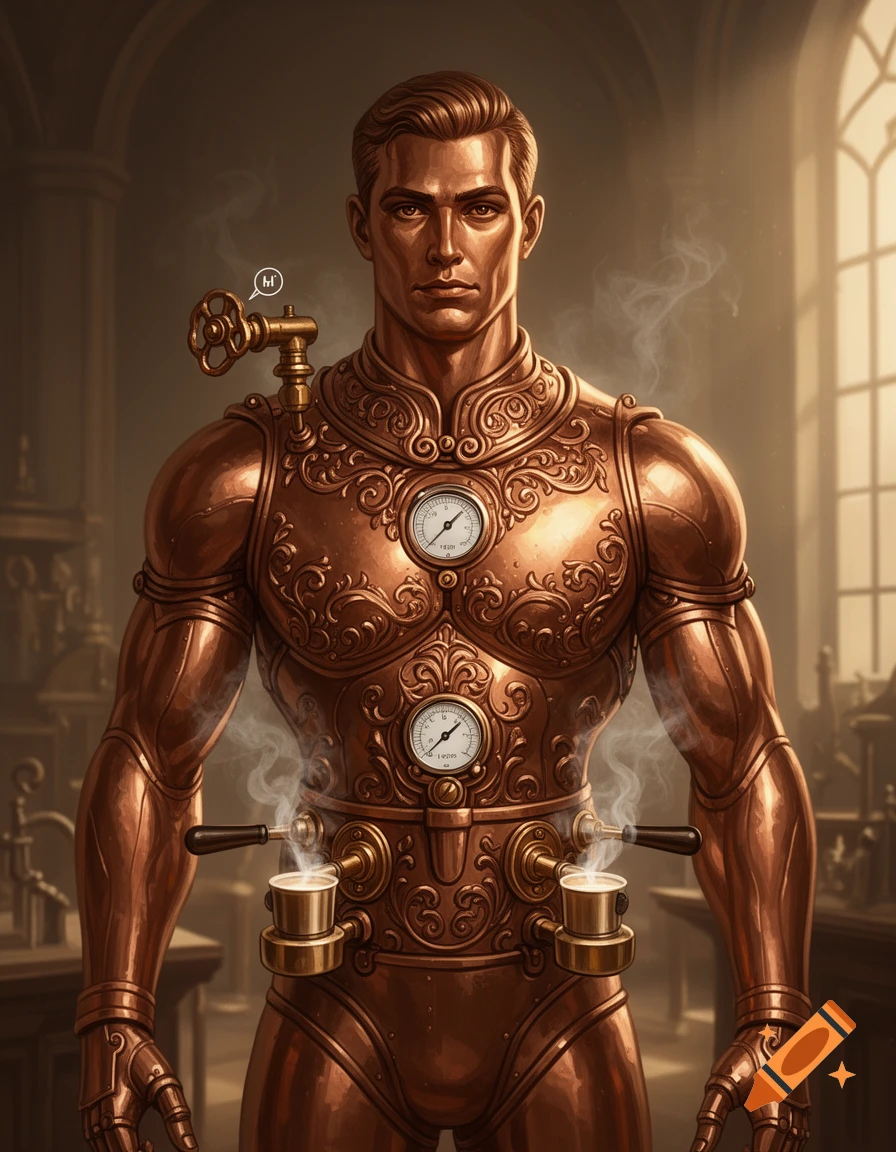 Muscular man in a gleaming copper steampunk suit with ornate scrollwork, gauges, valves, and steaming espresso cups on his torso.