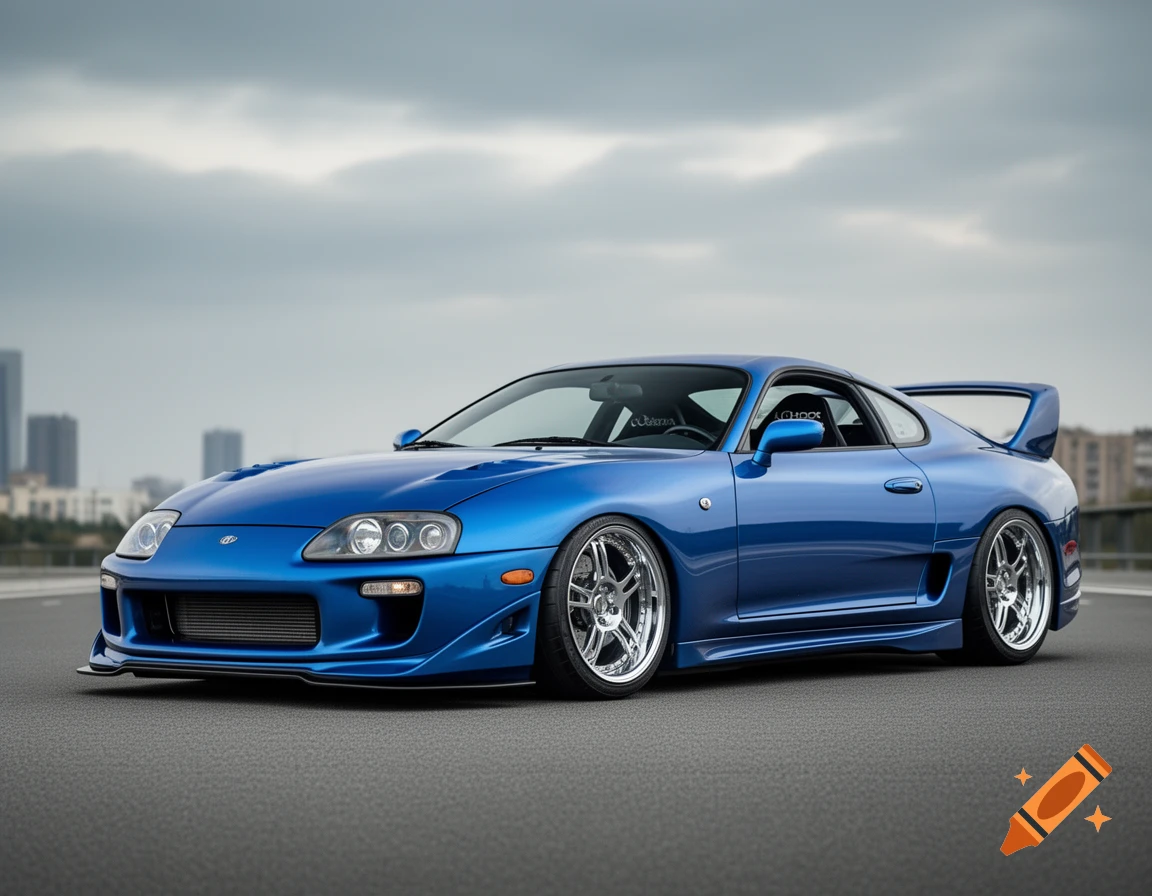 A custom blue Toyota Supra MK4 sports car with chrome wheels parked on an asphalt road under a cloudy sky with a city skyline in the background.