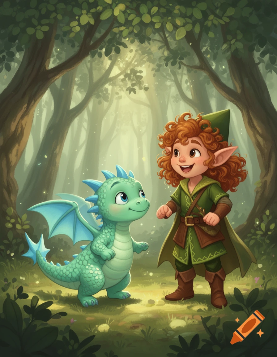 A cute, cartoonish baby green dragon and a smiling elf with red curly hair in a magical forest.