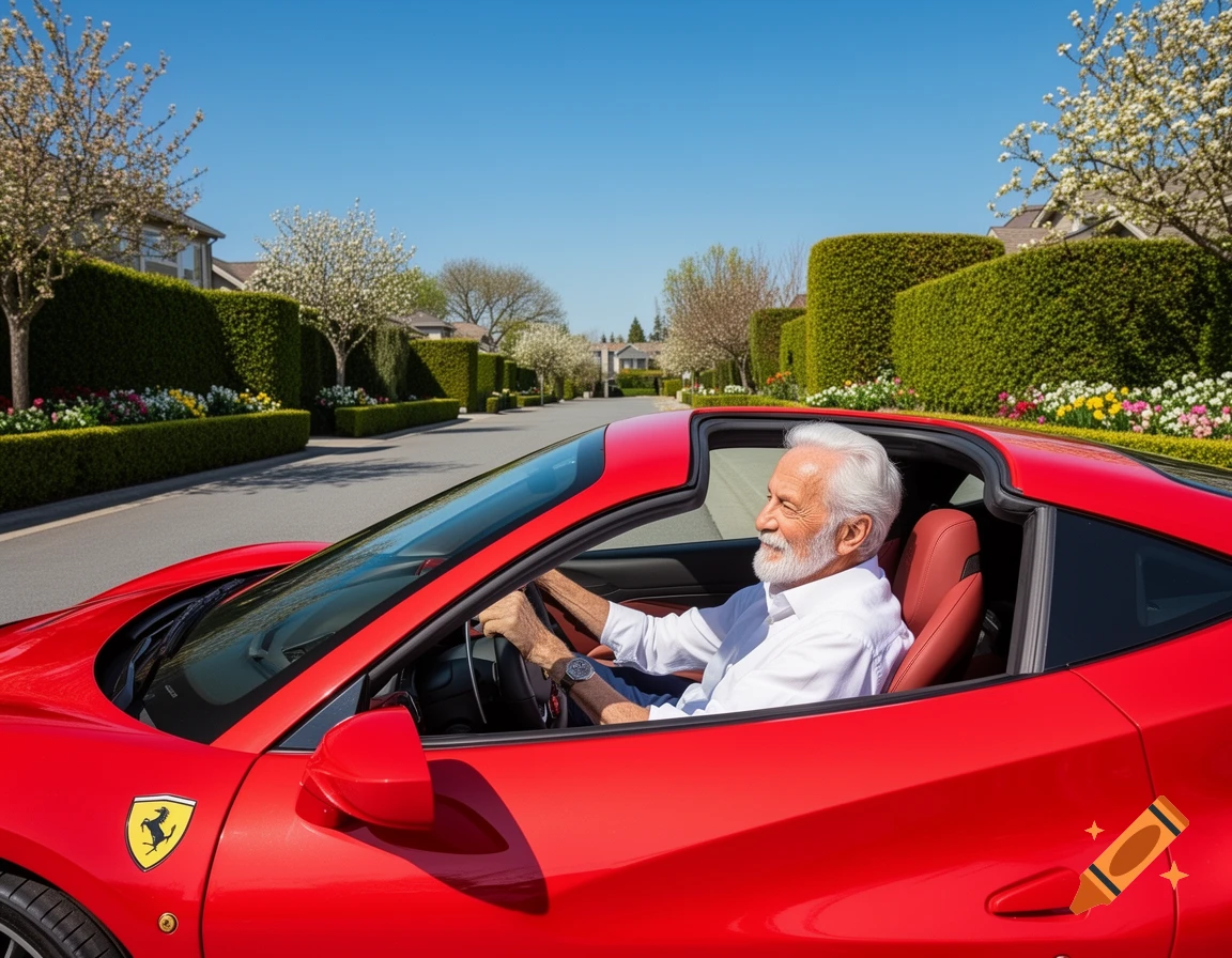 A smiling elderly man with a white beard drives a red Ferrari convertible down a tree-lined street on a sunny day.