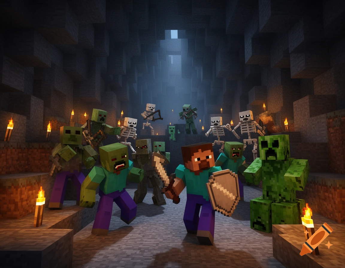 A Minecraft player battles zombies, skeletons, and a Creeper in a torchlit cave, rendered in blocky 3D style.