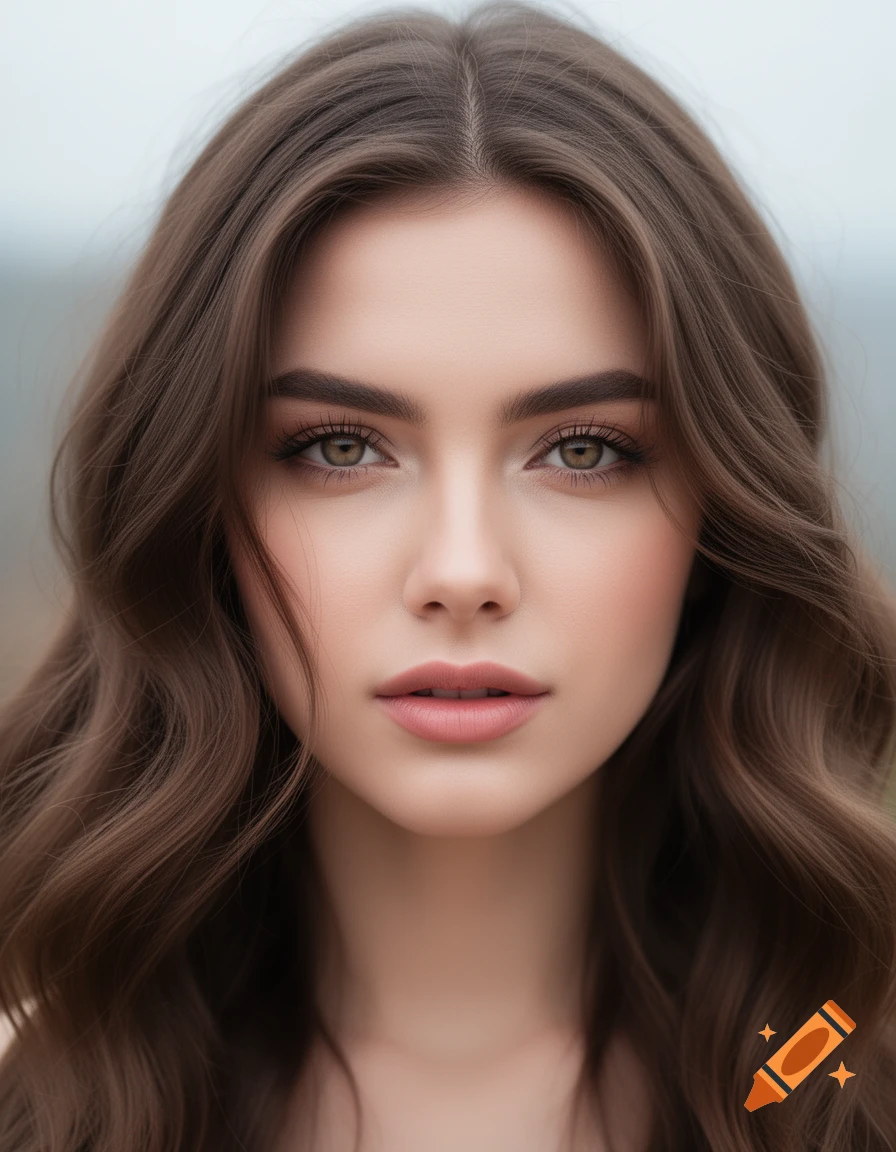 Close-up, photorealistic portrait of a young woman with long brown wavy hair and striking eyes, looking directly at the viewer.