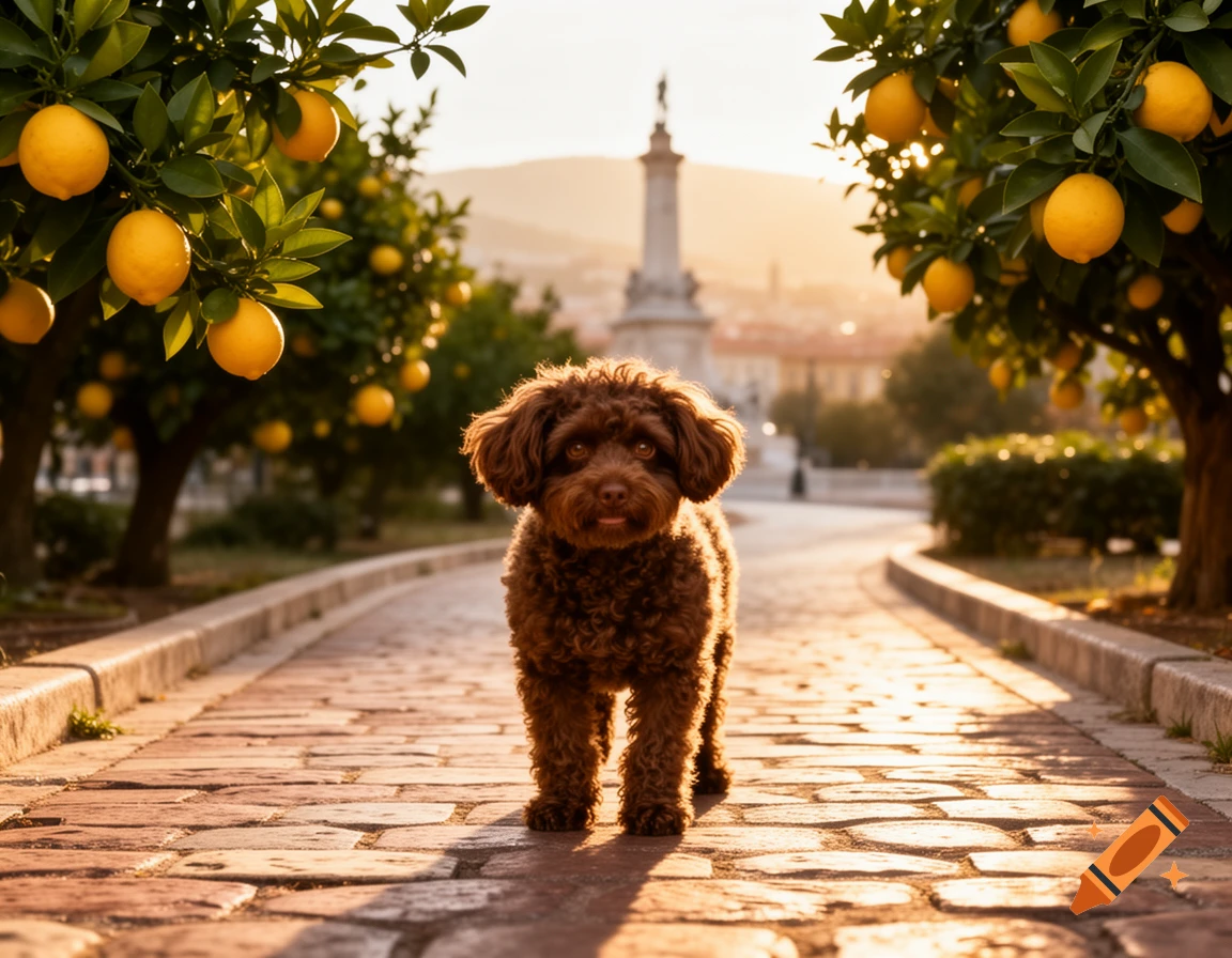 A fluffy brown dog stands on a cobblestone path lined with lemon trees, leading to a distant city monument at sunset.